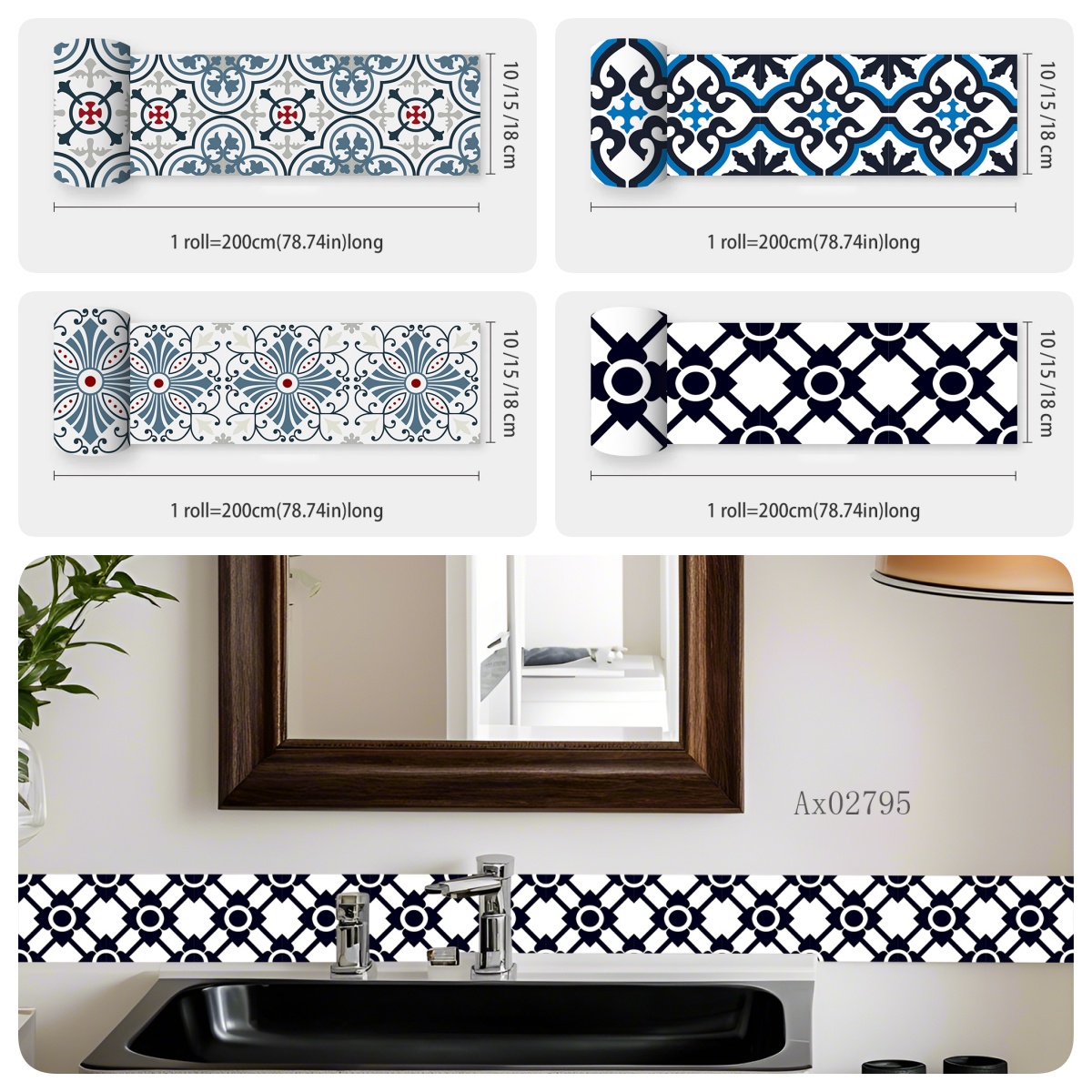 Home Bathroom Tiles Design - 보헤미안 스타일 지중해 타일 테두리 스티커