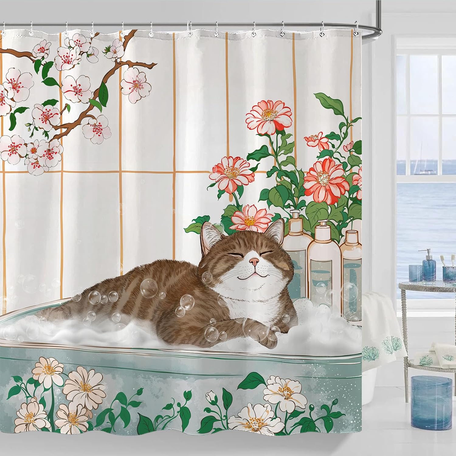 Home Bathroom Spa Ideas - 미적 감각의 고양이 꽃무늬 수채화 샤워