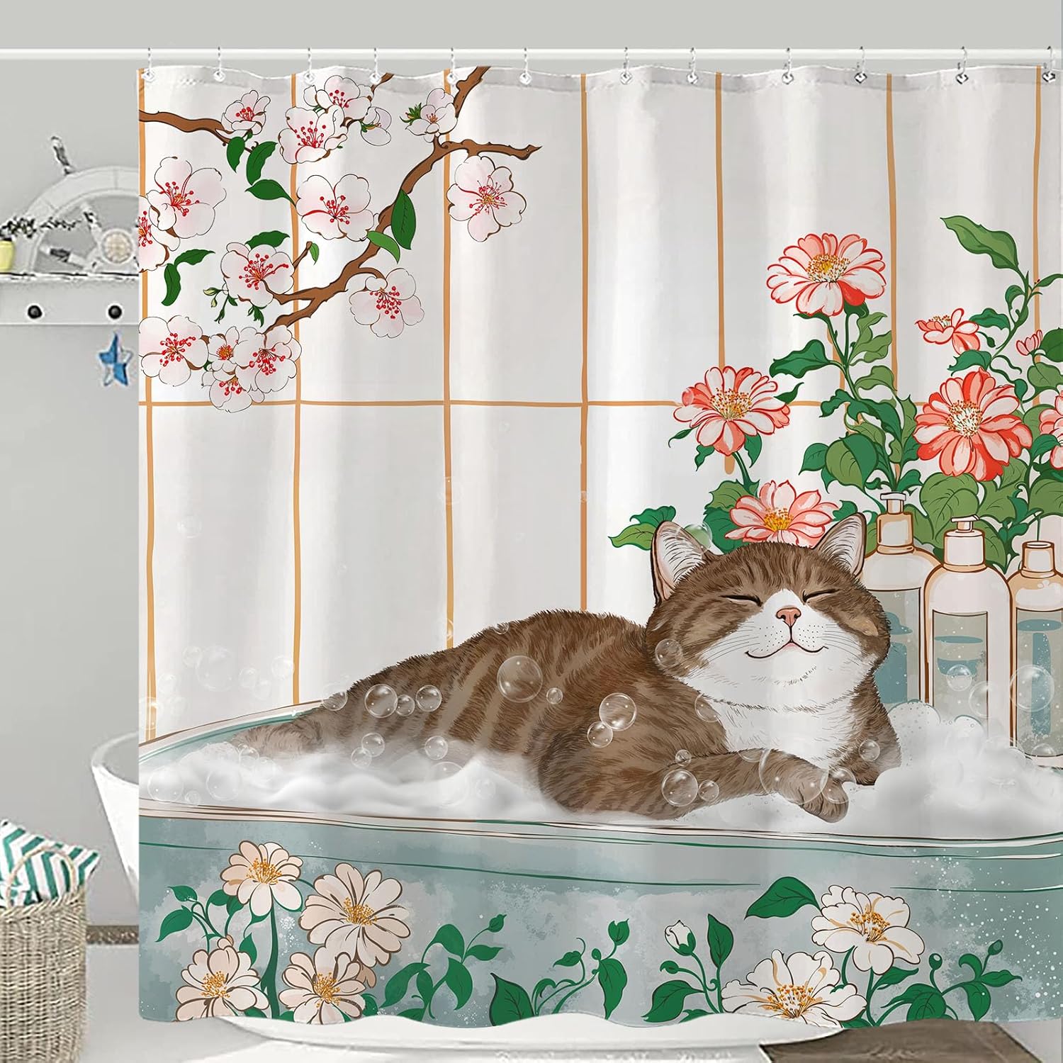 미적 감각의 고양이 꽃무늬 수채화 샤워 커튼, 욕실 장 - Home Bathroom Spa Ideas 리뷰 및 가격