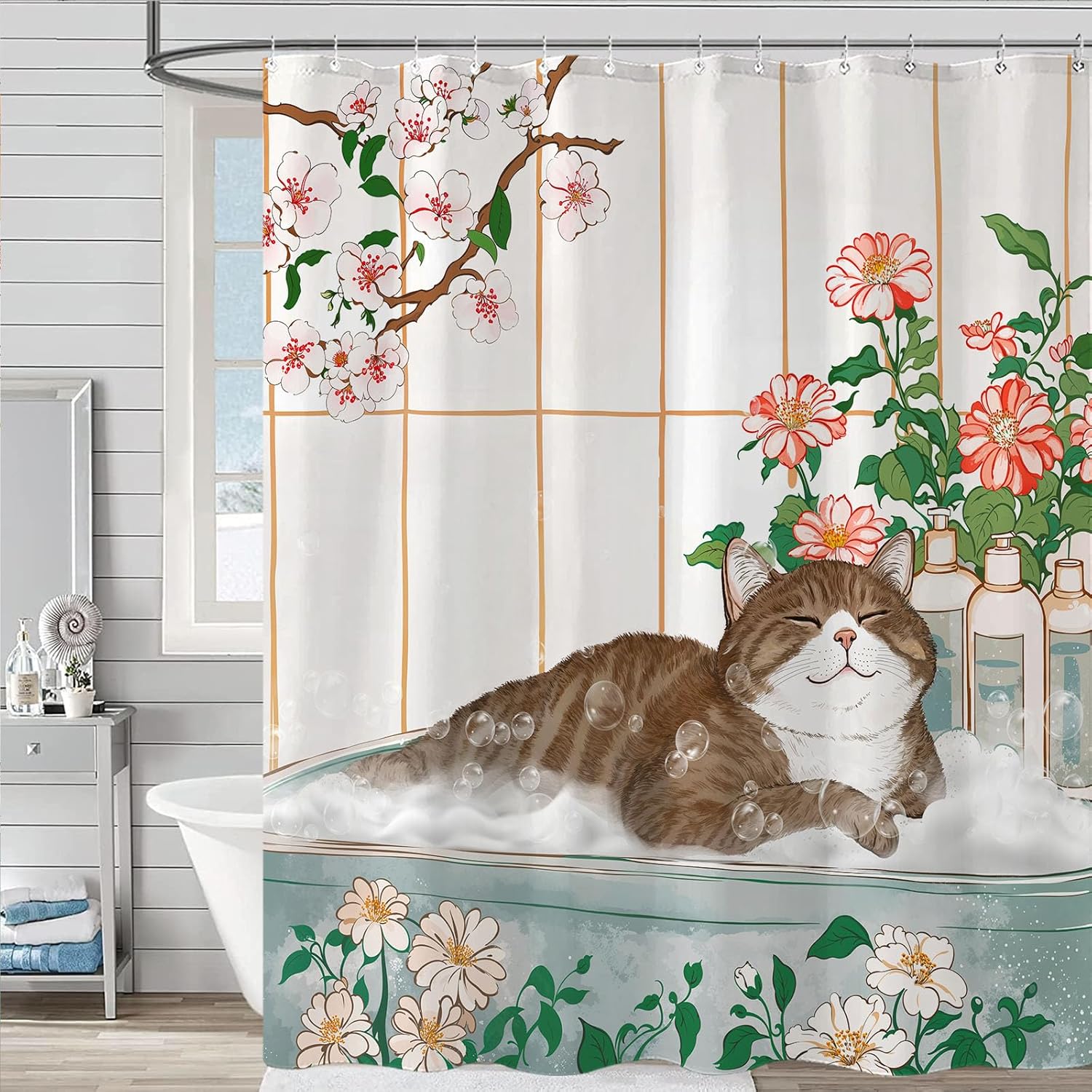 미적 감각의 고양이 꽃무늬 수채화 샤워 커튼, 욕실 장 - Home Bathroom Spa Ideas 리뷰 및 가격