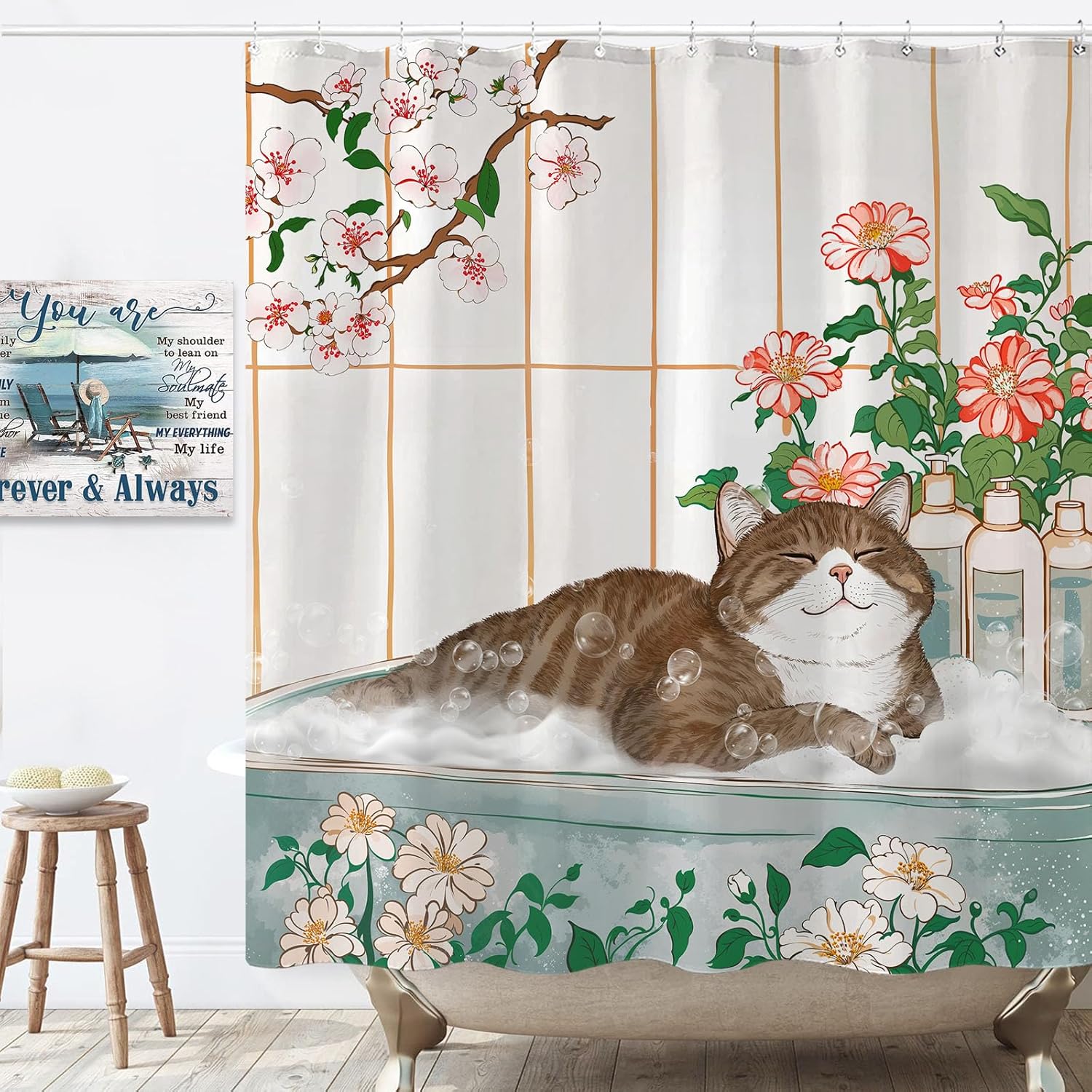 미적 감각의 고양이 꽃무늬 수채화 샤워 커튼, 욕실 장 - Home Bathroom Spa Ideas 리뷰 및 가격